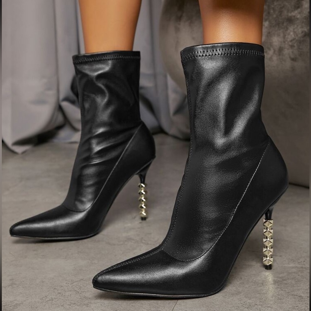 black leather gold stiletto heel ankle booties boots slip on high heels ladies